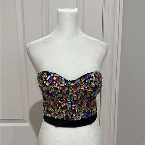 Lydia Colorful Jeweled  Beaded Strapless Cropped Corset  Top Size Large